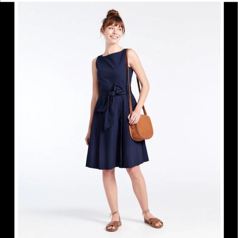 LL Bean Signature Chambray Dress with Removable Tie - Navy Blue Poplin - 2 - Picture 1 of 13